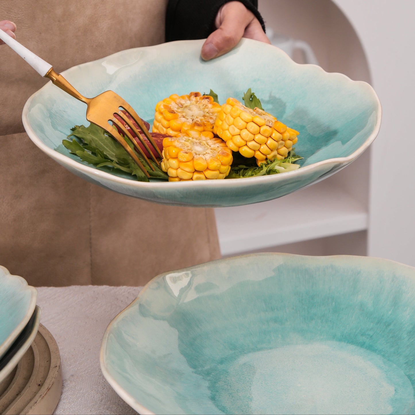 4-Piece Stoneware Deep Plate Set in Aqua Blue