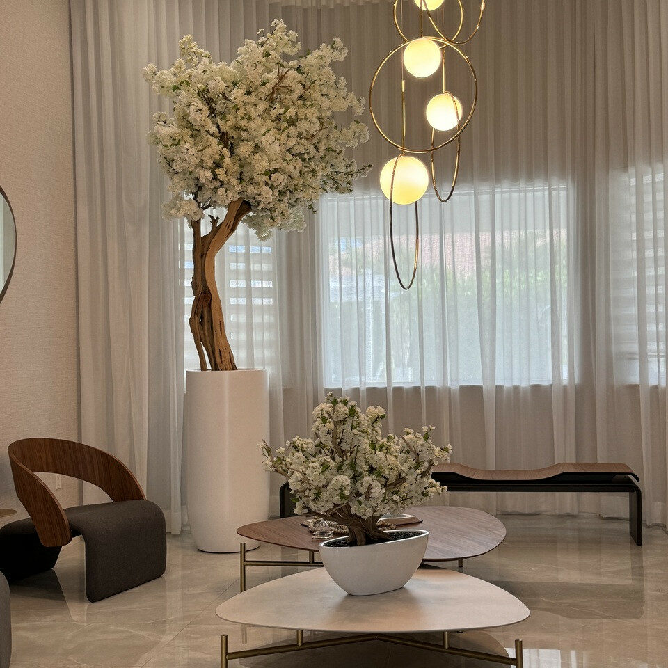 Matte Beige St. Tropez Planter with Custom Made White Cherry Blossom Tree
