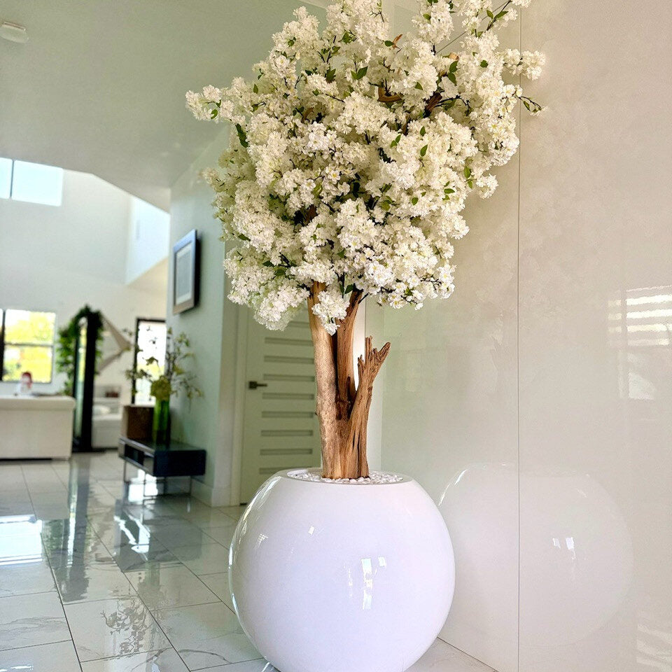 Glossy White Globe with Custom Made Cherry Blossom Tree