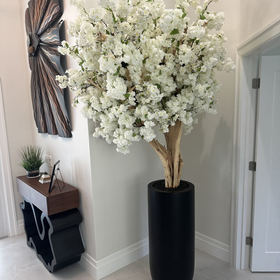 Matte Black St. Tropez Planter with Custom Made White Cherry Blossom Tree