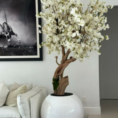 Glossy White Globe with Custom Made Cherry Blossom Tree