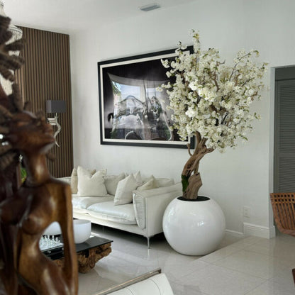 Glossy White Globe with Custom Made Cherry Blossom Tree