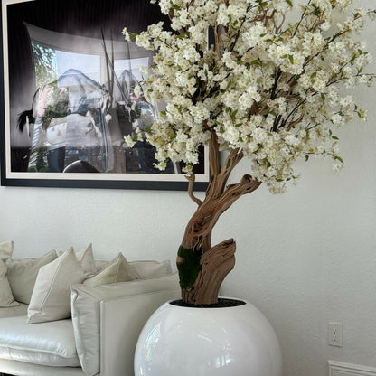 Glossy White Globe with Custom Made Cherry Blossom Tree