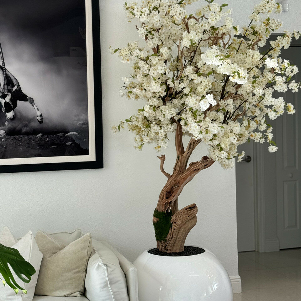 Glossy White Globe with Custom Made Cherry Blossom Tree