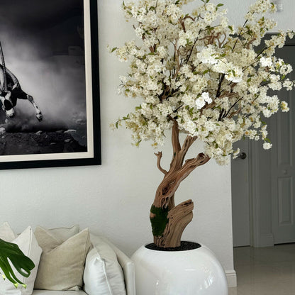 Glossy White Globe with Custom Made Cherry Blossom Tree
