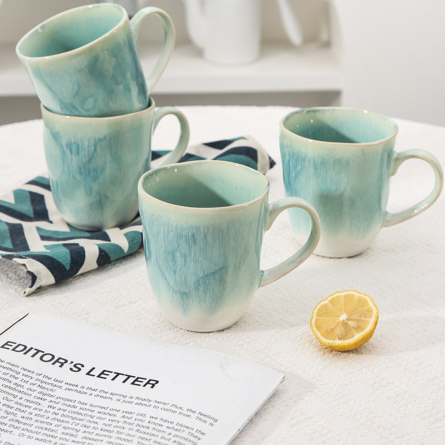 4-Piece Stoneware Mug Set in Aqua Blue