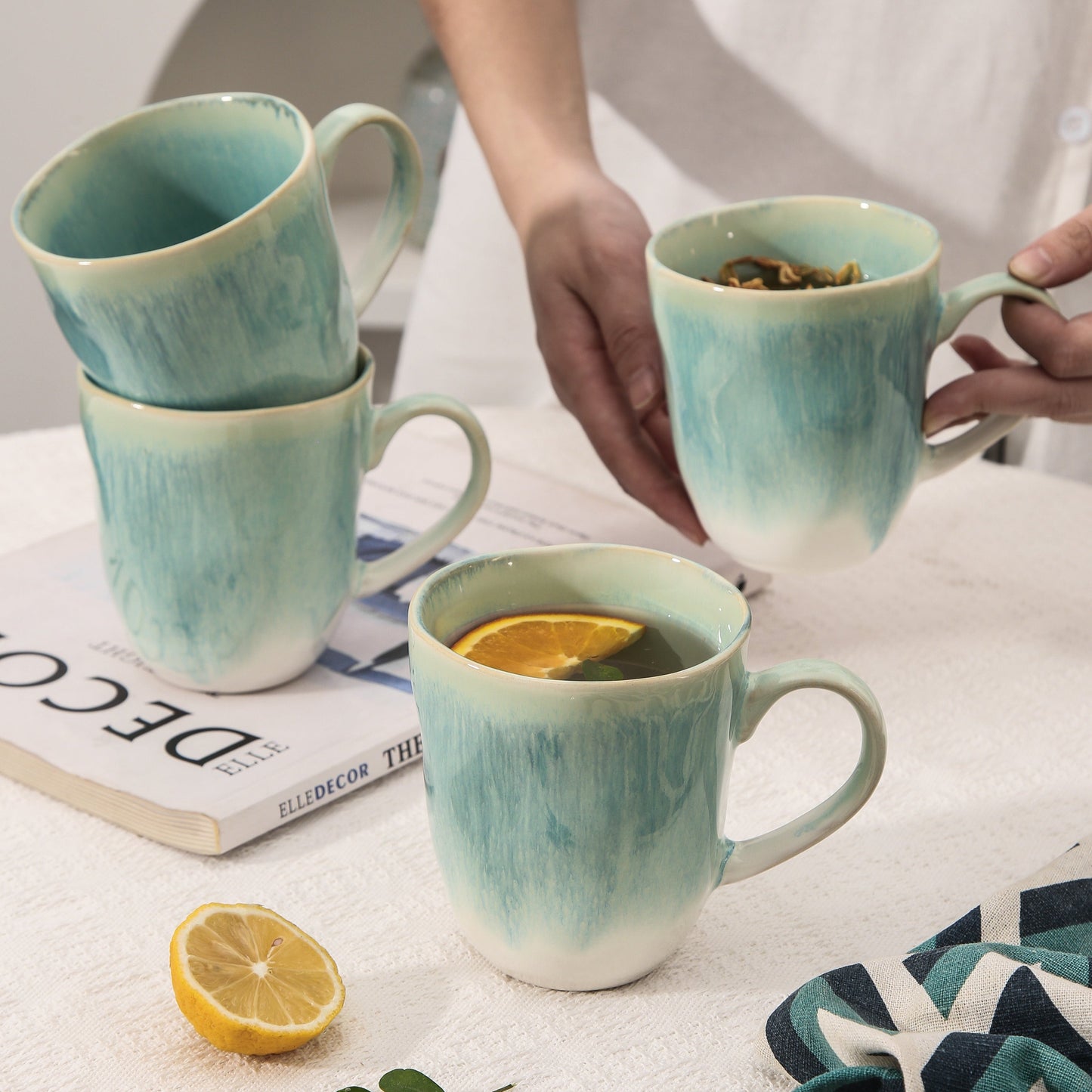 4-Piece Stoneware Mug Set in Aqua Blue