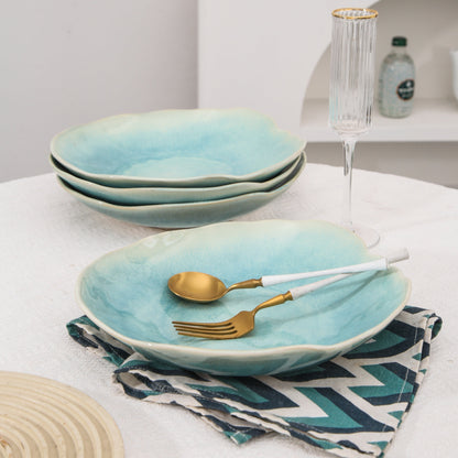 4-Piece Stoneware Deep Plate Set in Aqua Blue