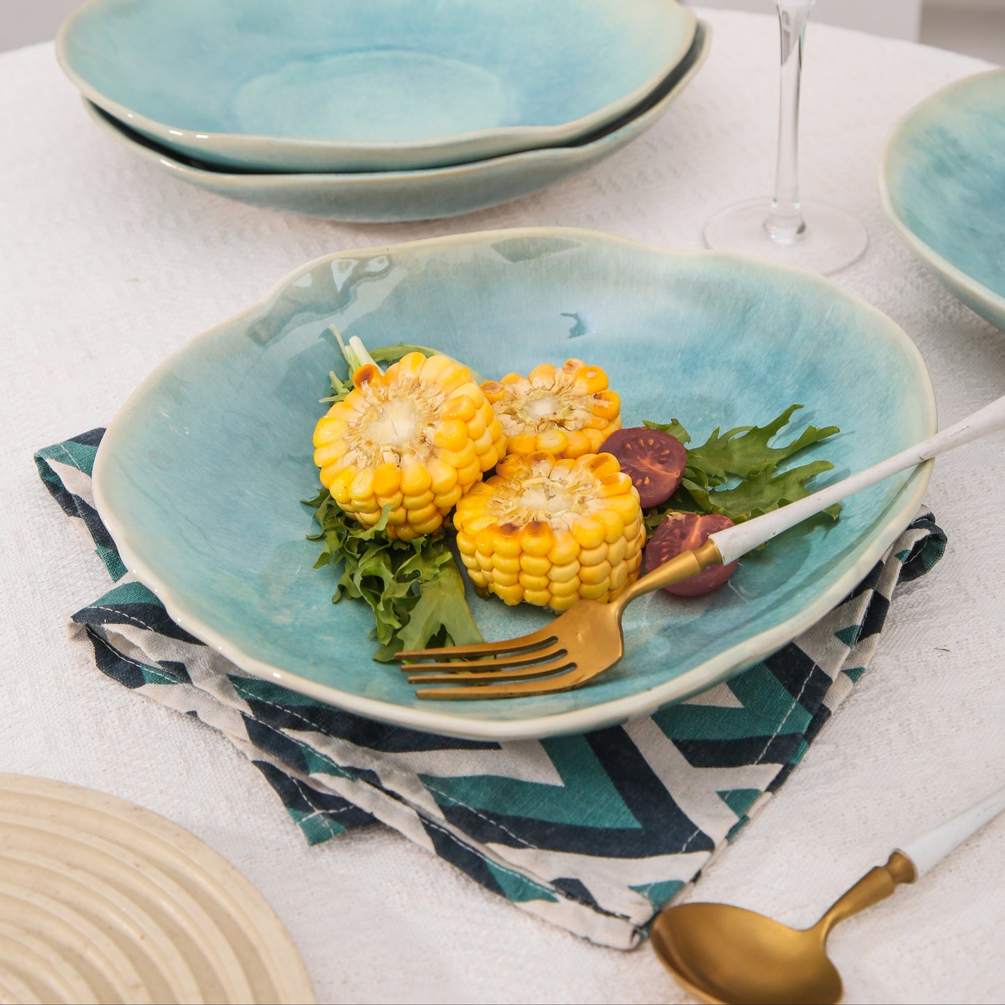 4-Piece Stoneware Deep Plate Set in Aqua Blue