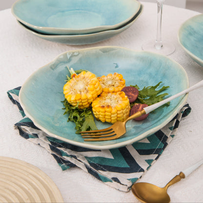 4-Piece Stoneware Deep Plate Set in Aqua Blue