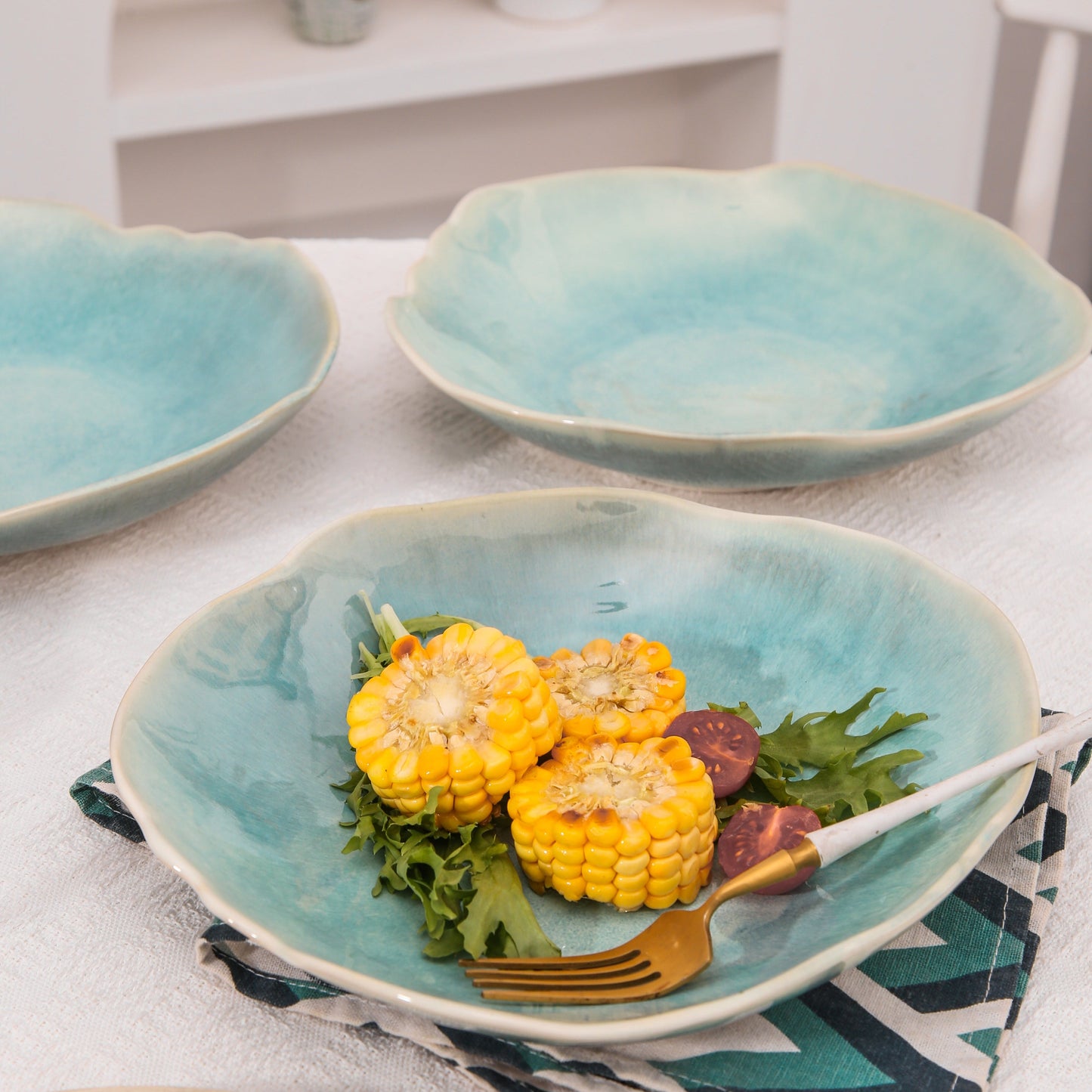 4-Piece Stoneware Deep Plate Set in Aqua Blue
