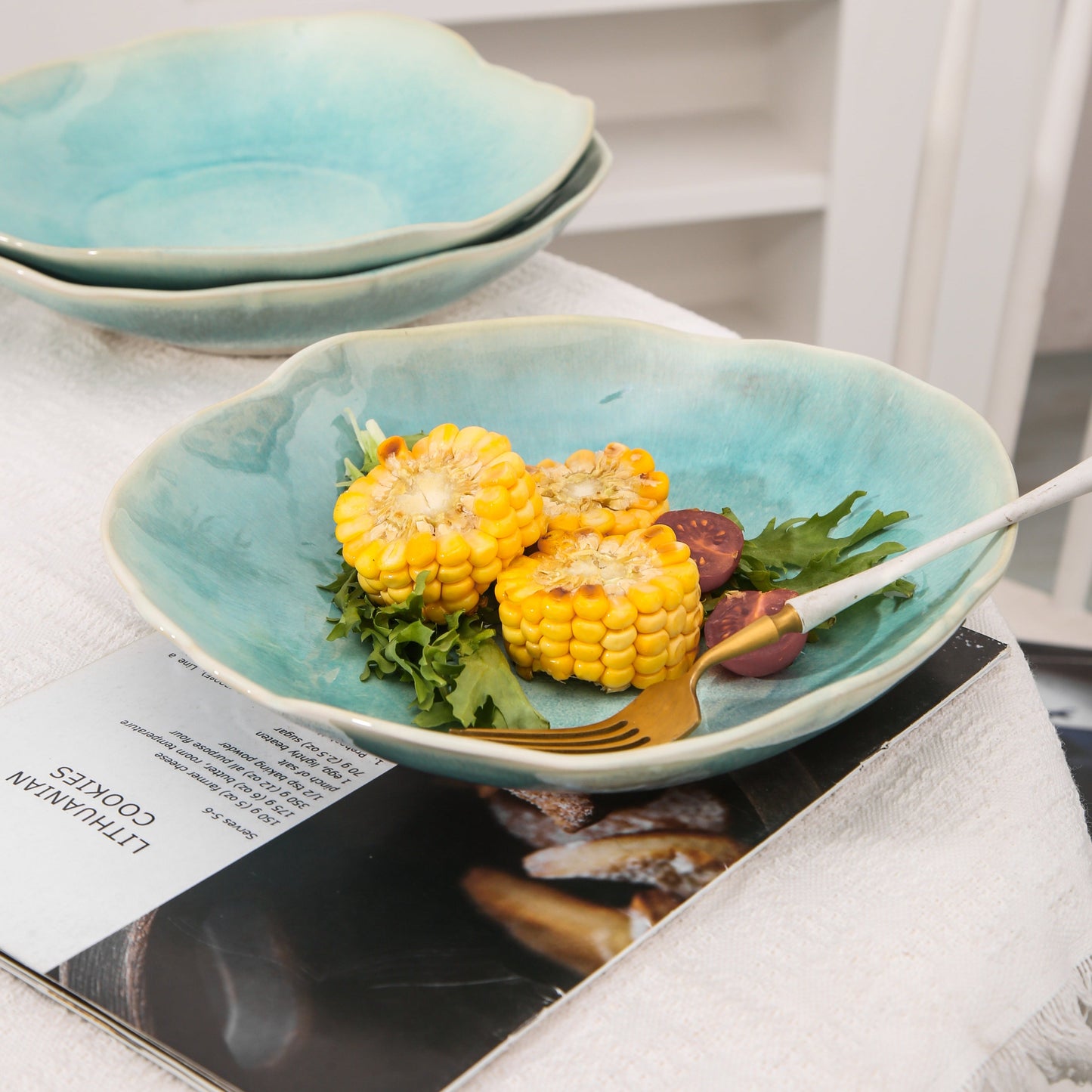 4-Piece Stoneware Deep Plate Set in Aqua Blue