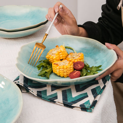 4-Piece Stoneware Deep Plate Set in Aqua Blue