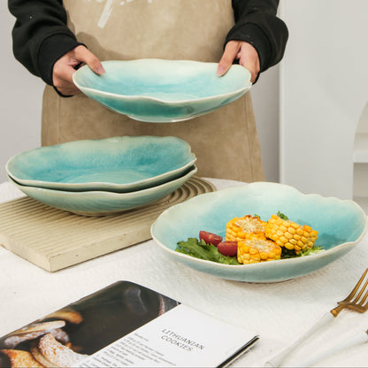 4-Piece Stoneware Deep Plate Set in Aqua Blue
