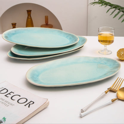 3-Piece Stoneware Serving Platter Set in Aqua Blue