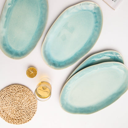 3-Piece Stoneware Serving Platter Set in Aqua Blue