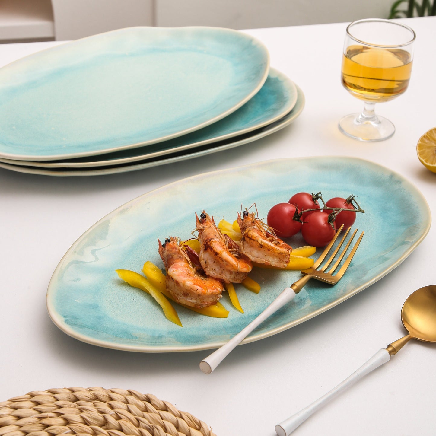 3-Piece Stoneware Serving Platter Set in Aqua Blue