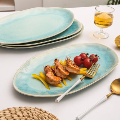 3-Piece Stoneware Serving Platter Set in Aqua Blue