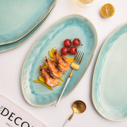 3-Piece Stoneware Serving Platter Set in Aqua Blue