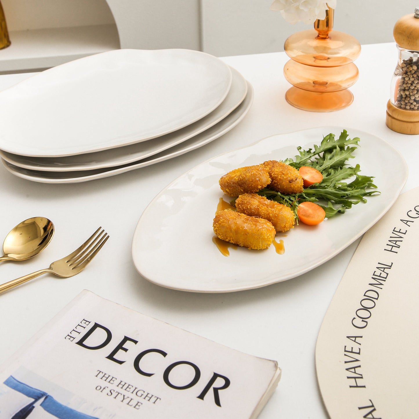 3-Piece Stoneware Serving Platter Set in Pearl White