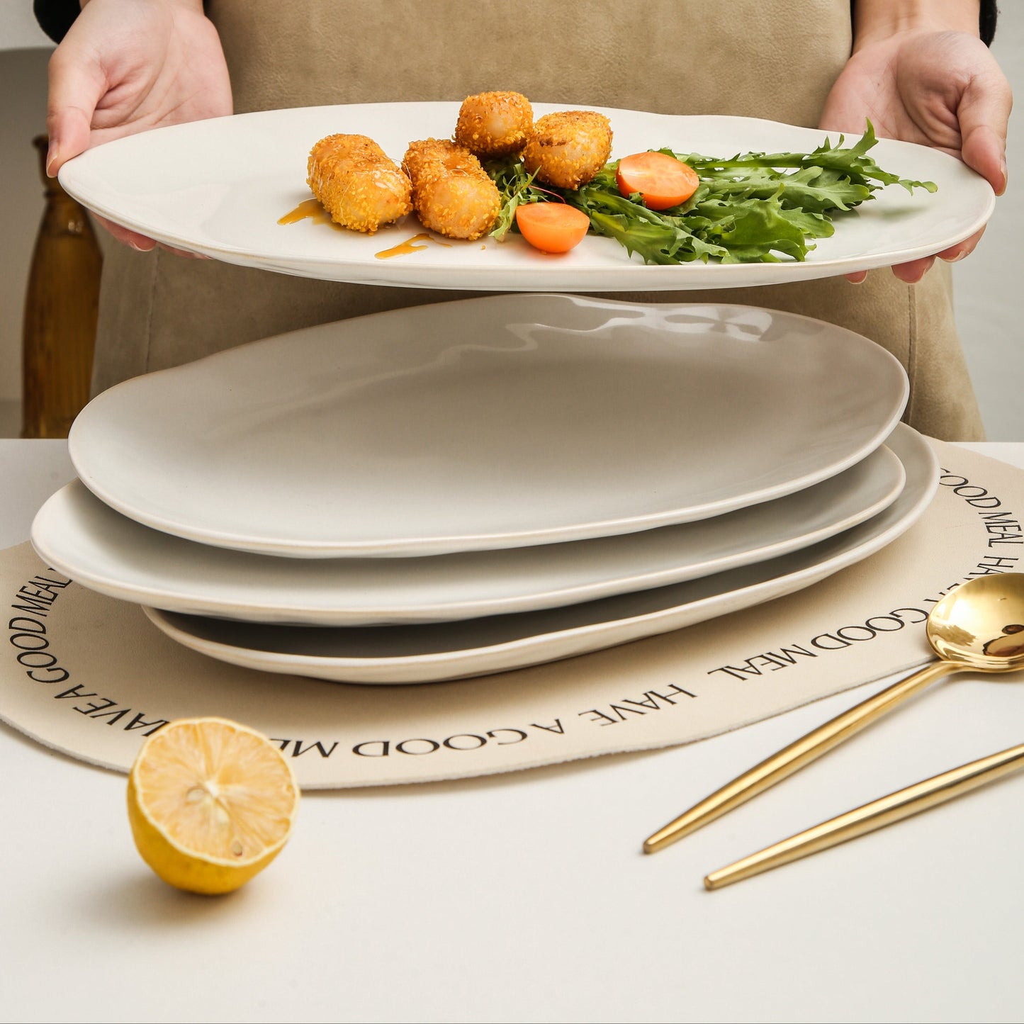 3-Piece Stoneware Serving Platter Set in Pearl White
