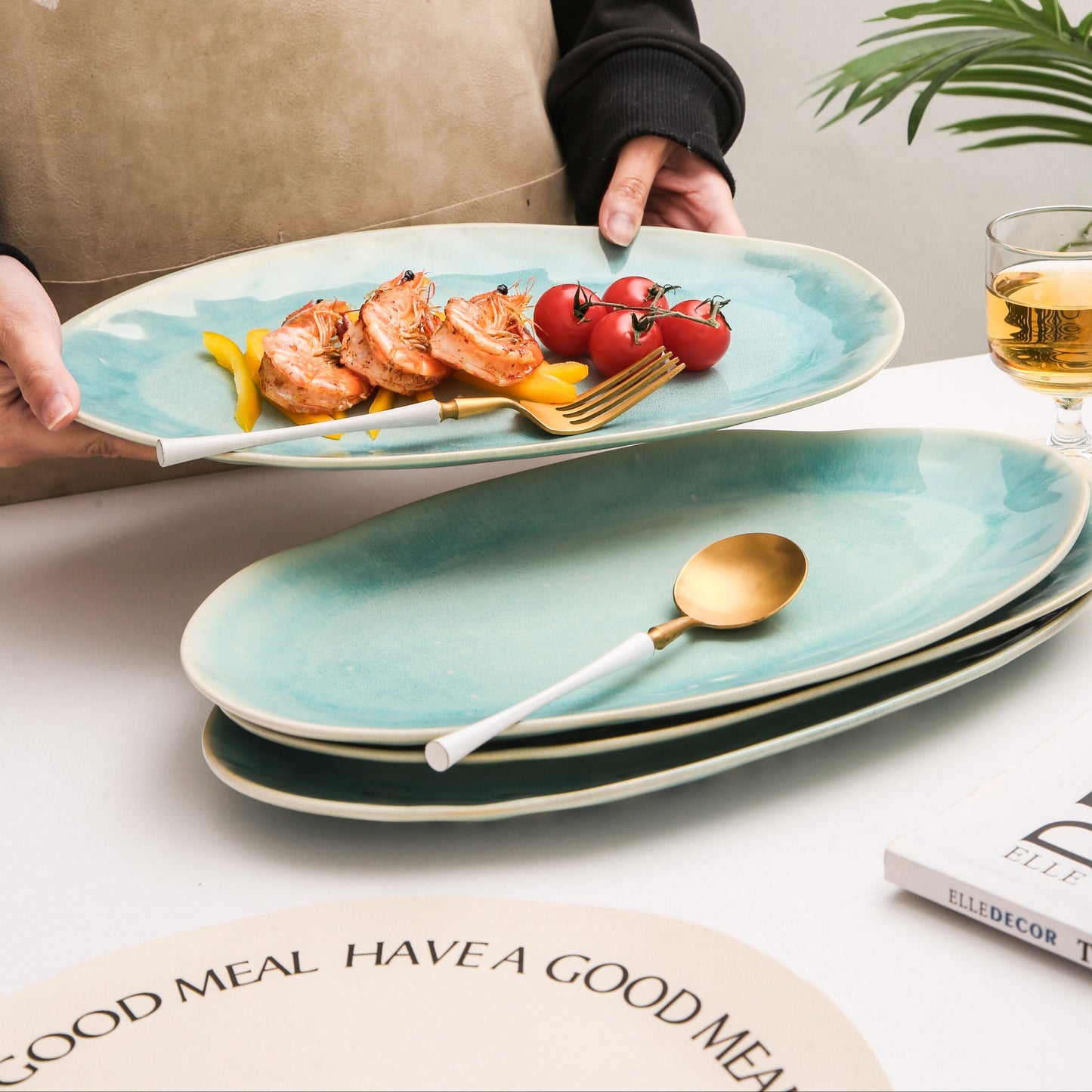 3-Piece Stoneware Serving Platter Set in Aqua Blue