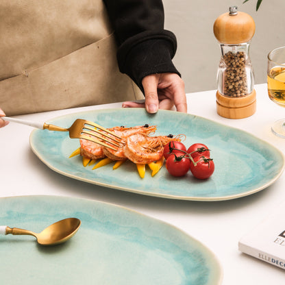 3-Piece Stoneware Serving Platter Set in Aqua Blue