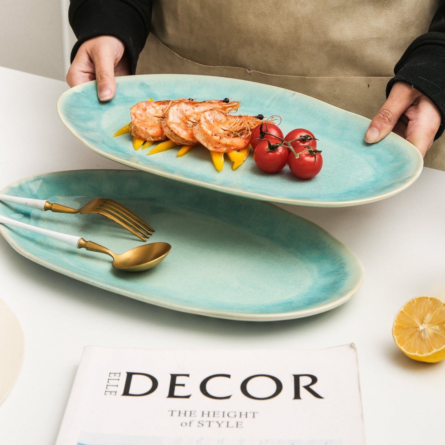 3-Piece Stoneware Serving Platter Set in Aqua Blue