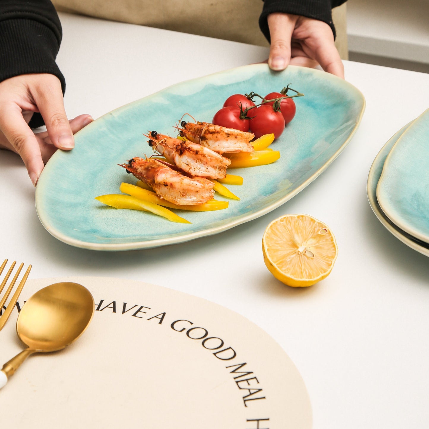 3-Piece Stoneware Serving Platter Set in Aqua Blue