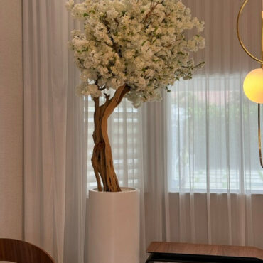 Matte Beige St. Tropez Planter with Custom Made White Cherry Blossom Tree
