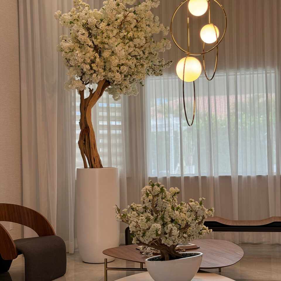 Matte Beige St. Tropez Planter with Custom Made White Cherry Blossom Tree