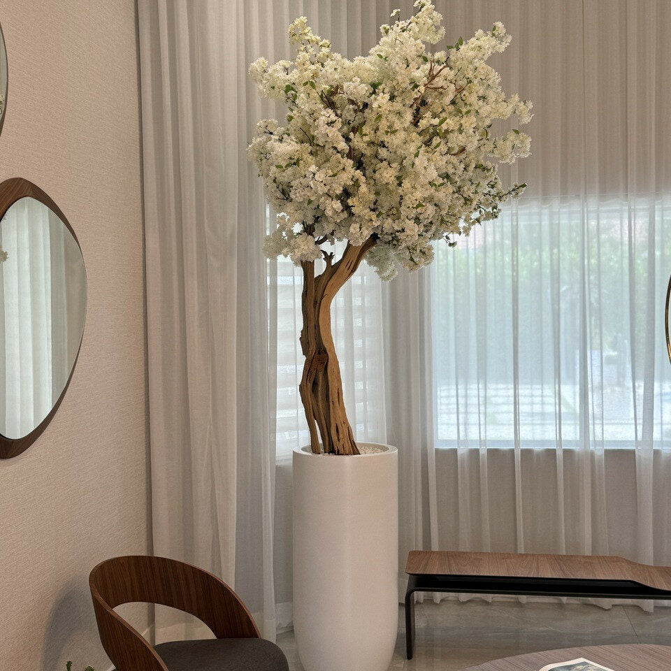Matte Beige St. Tropez Planter with Custom Made White Cherry Blossom Tree