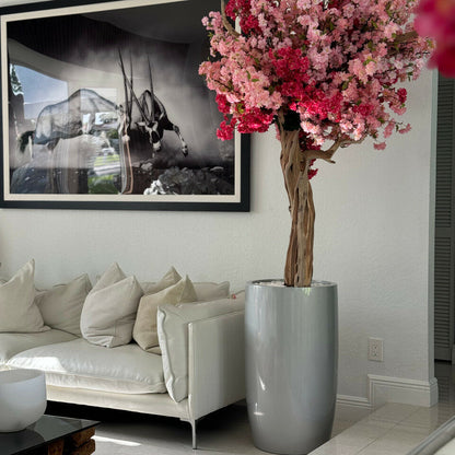 Glossy Silver Lisbon Planter with Custom Made Tri Color Pink Cherry Blossom Tree