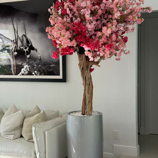Glossy Silver Lisbon Planter with Custom Made Tri Color Pink Cherry Blossom Tree