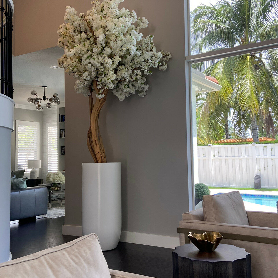 Matte Beige St. Tropez Planter with Custom Made White Cherry Blossom Tree