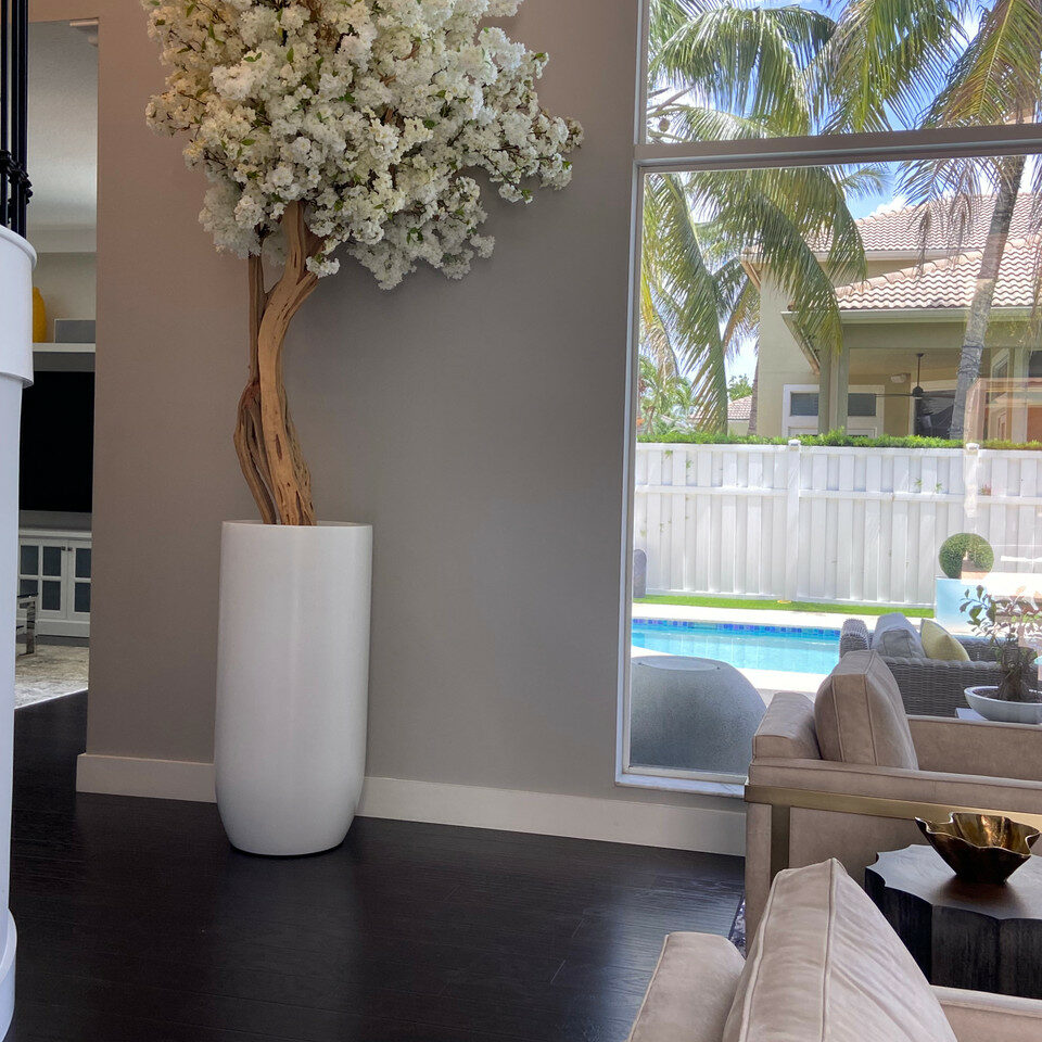 Matte Beige St. Tropez Planter with Custom Made White Cherry Blossom Tree
