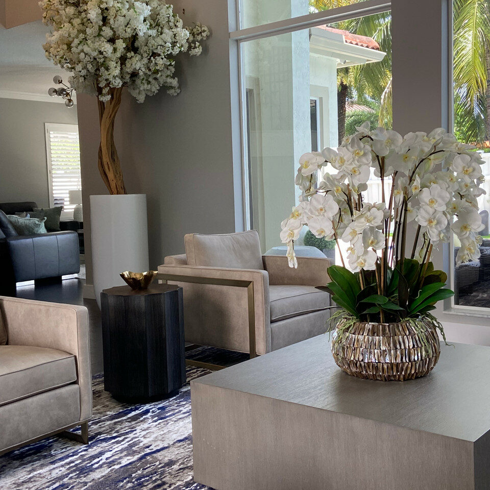 Matte Beige St. Tropez Planter with Custom Made White Cherry Blossom Tree