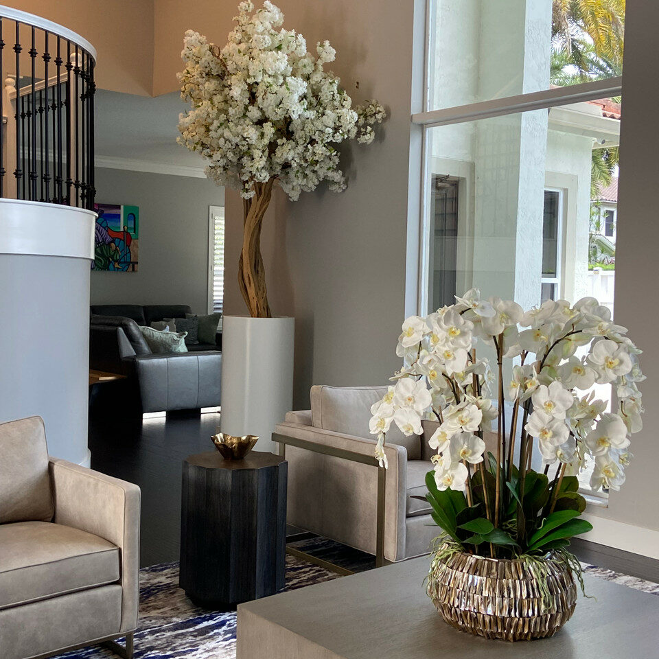 Matte Beige St. Tropez Planter with Custom Made White Cherry Blossom Tree