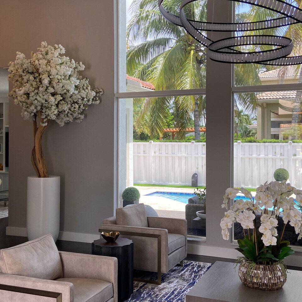 Matte Beige St. Tropez Planter with Custom Made White Cherry Blossom Tree