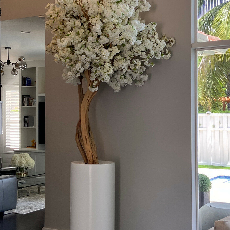 Matte Beige St. Tropez Planter with Custom Made White Cherry Blossom Tree