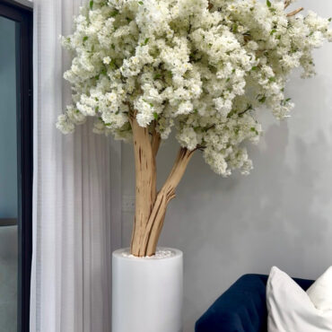 Matte White St. Tropez Planter with Custom Made White Cherry Blossom Tree