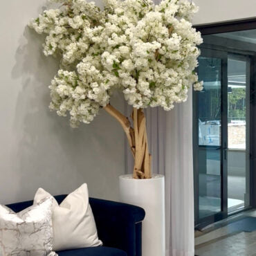 Matte White St. Tropez Planter with Custom Made White Cherry Blossom Tree