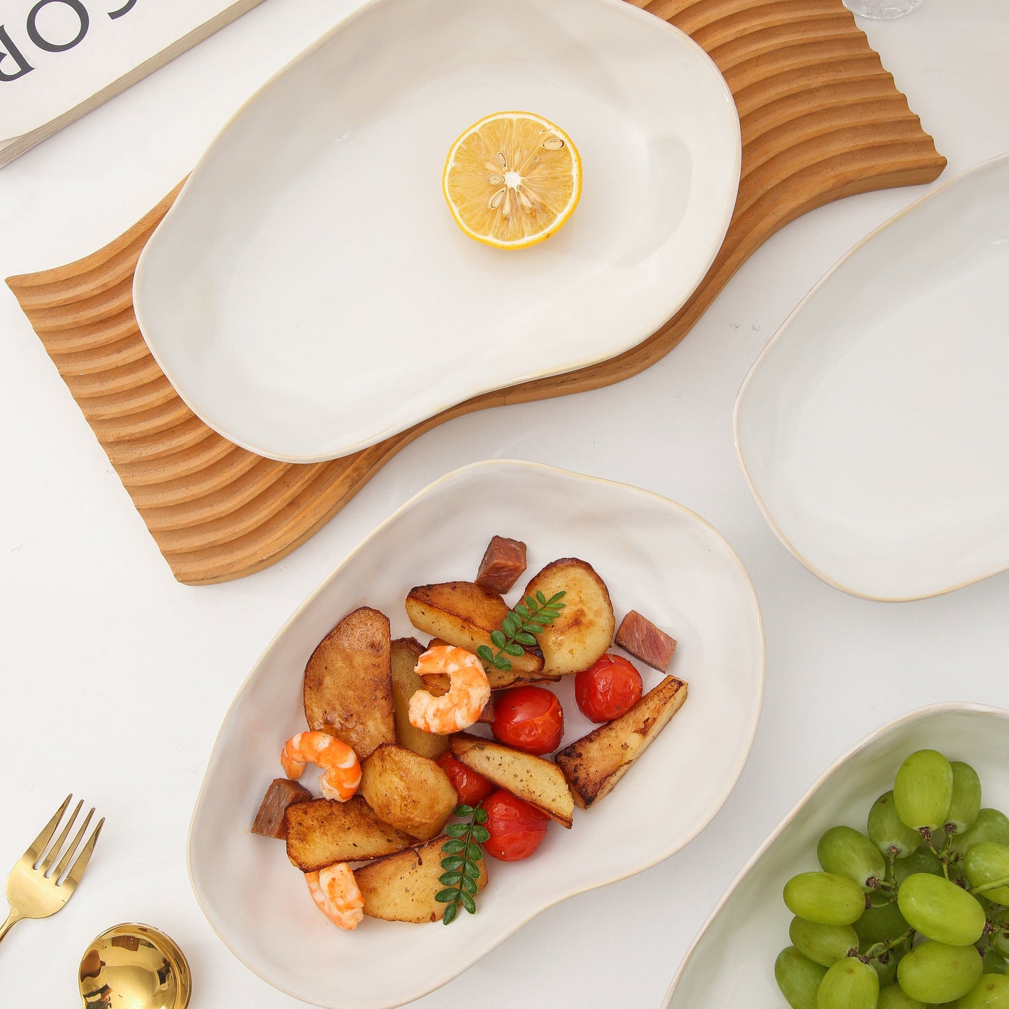 4 pcs Stoneform Oval Plate-Pearl White