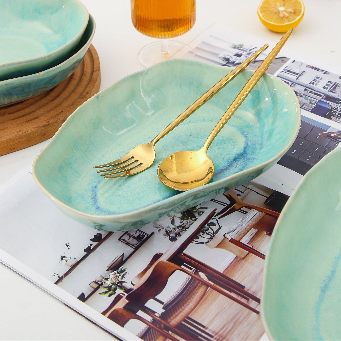 4 pcs Stoneform Oval Plate-Aqua Blue