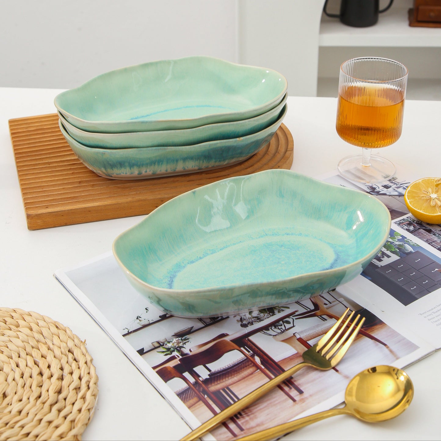 4 pcs Stoneform Oval Plate-Aqua Blue