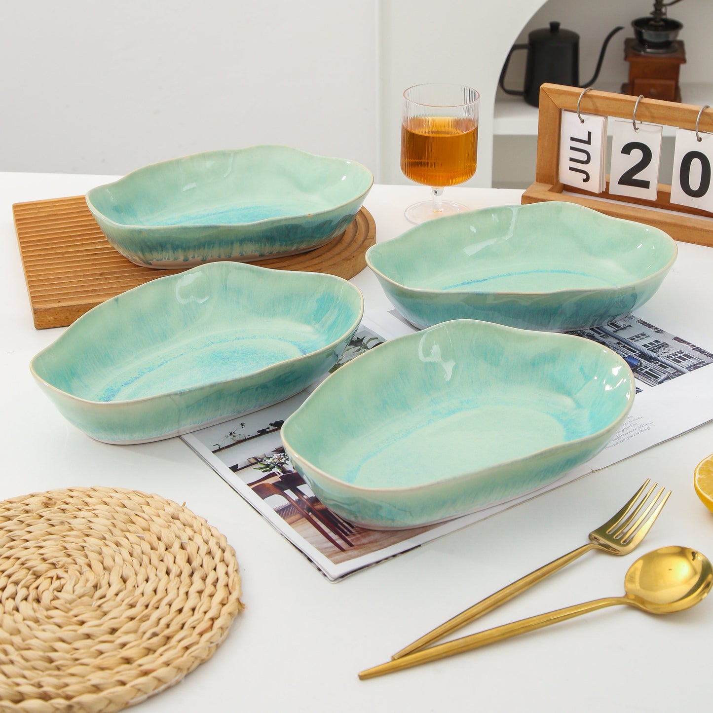 4 pcs Stoneform Oval Plate-Aqua Blue