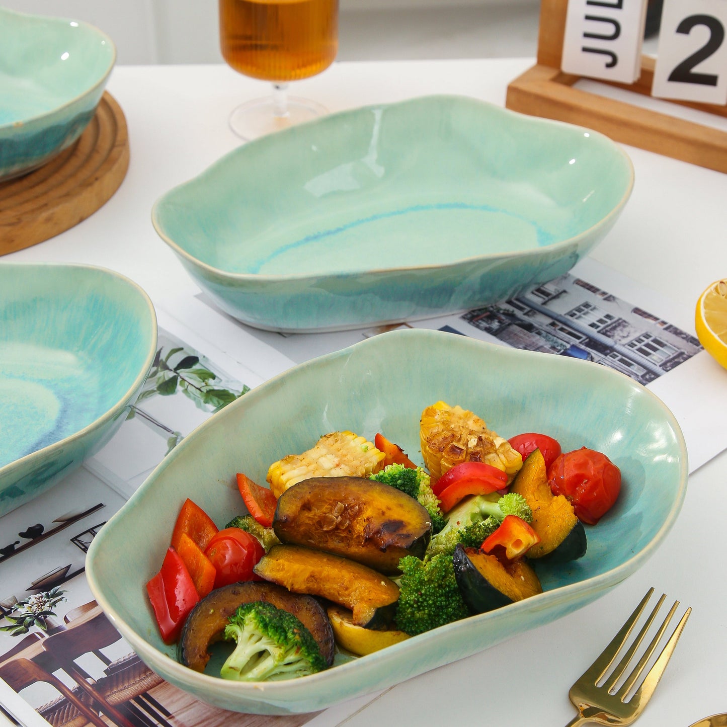 4 pcs Stoneform Oval Plate-Aqua Blue