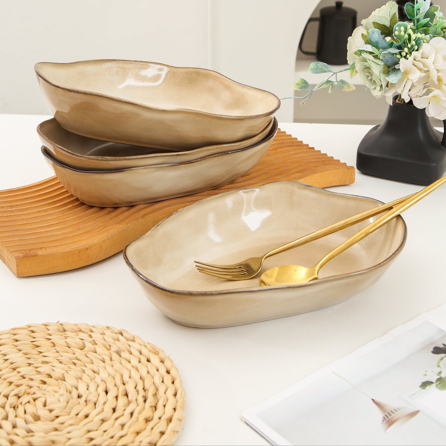 4 pcs Stoneform Oval Plate-Crema