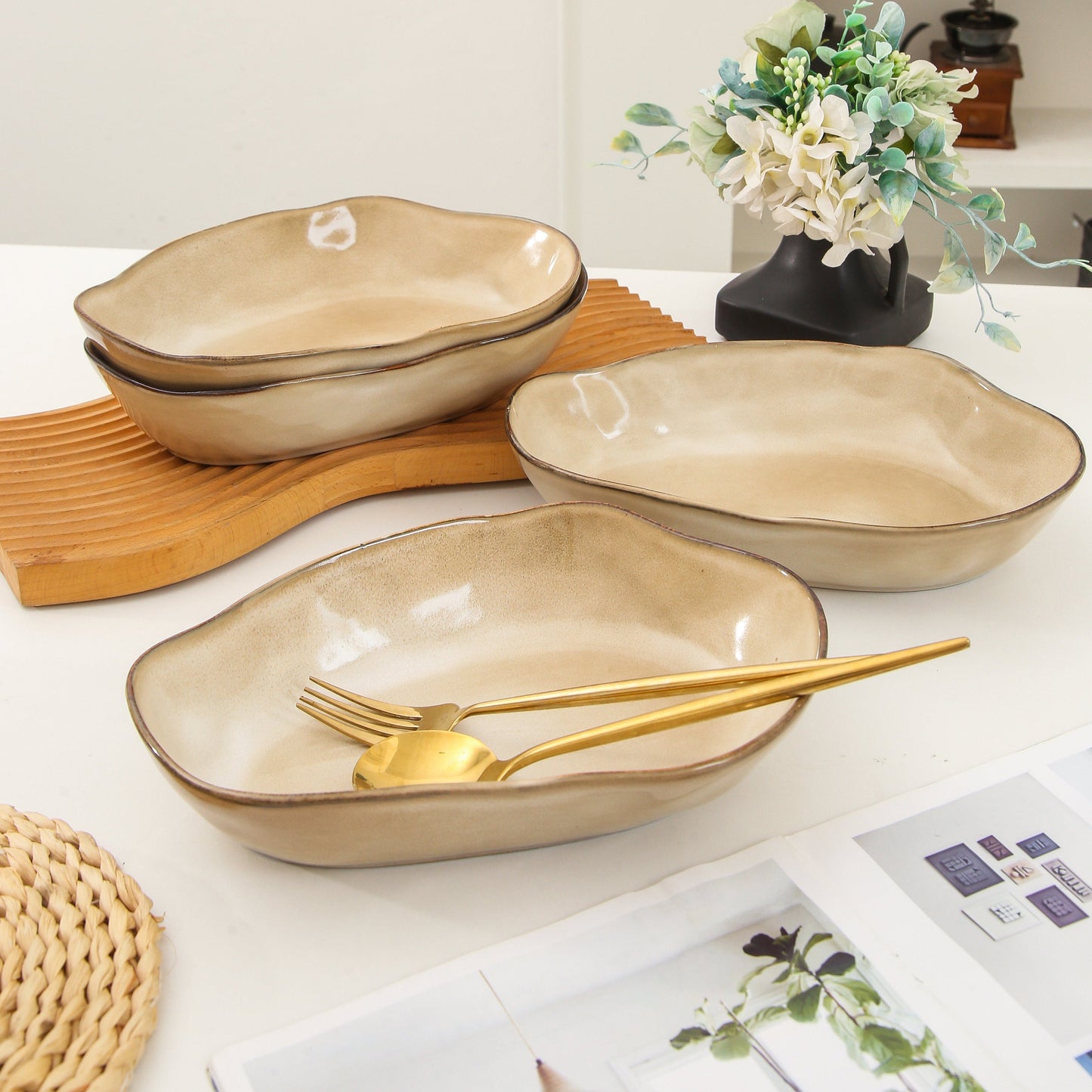 4 pcs Stoneform Oval Plate-Crema