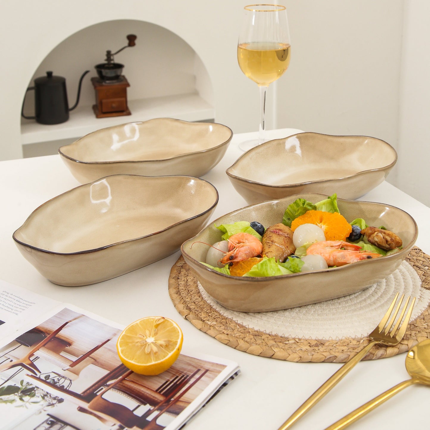 4 pcs Stoneform Oval Plate-Crema